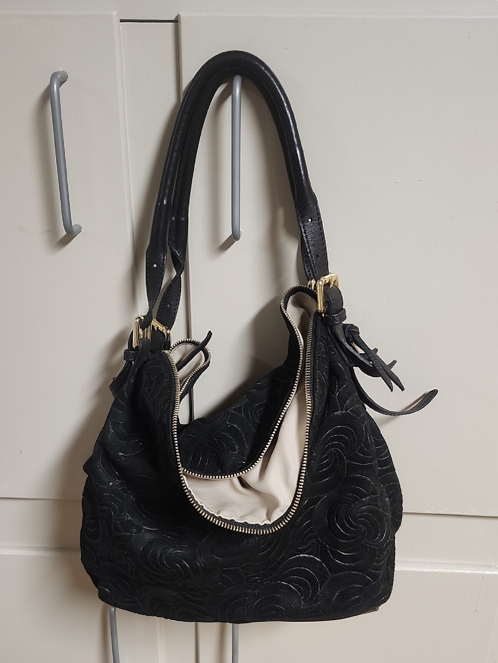 Fantastic Black Floral-Embossed Leather Hobo Bag with Gold Hardware